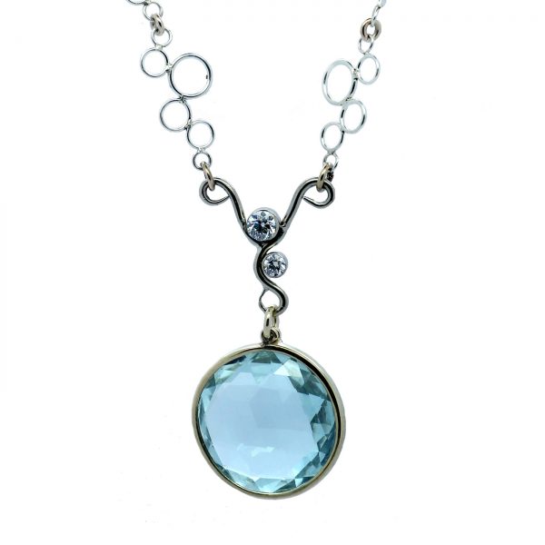 Serena Fox - Ocean Foam Necklace in Silver, 18ct Rose and White Gold with Round Faceted Aquamarine, Diamonds