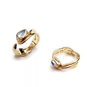 Serena Fox Siamese Fighting Fish Ring yellow gold rings with Moonstone Cabuchon