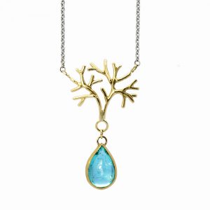Serena Fox Jewellery Sea Fan Sea Fan Coral Pendant Necklace 18 carat yellow, white gold with Paraiba Tourmaline Drop